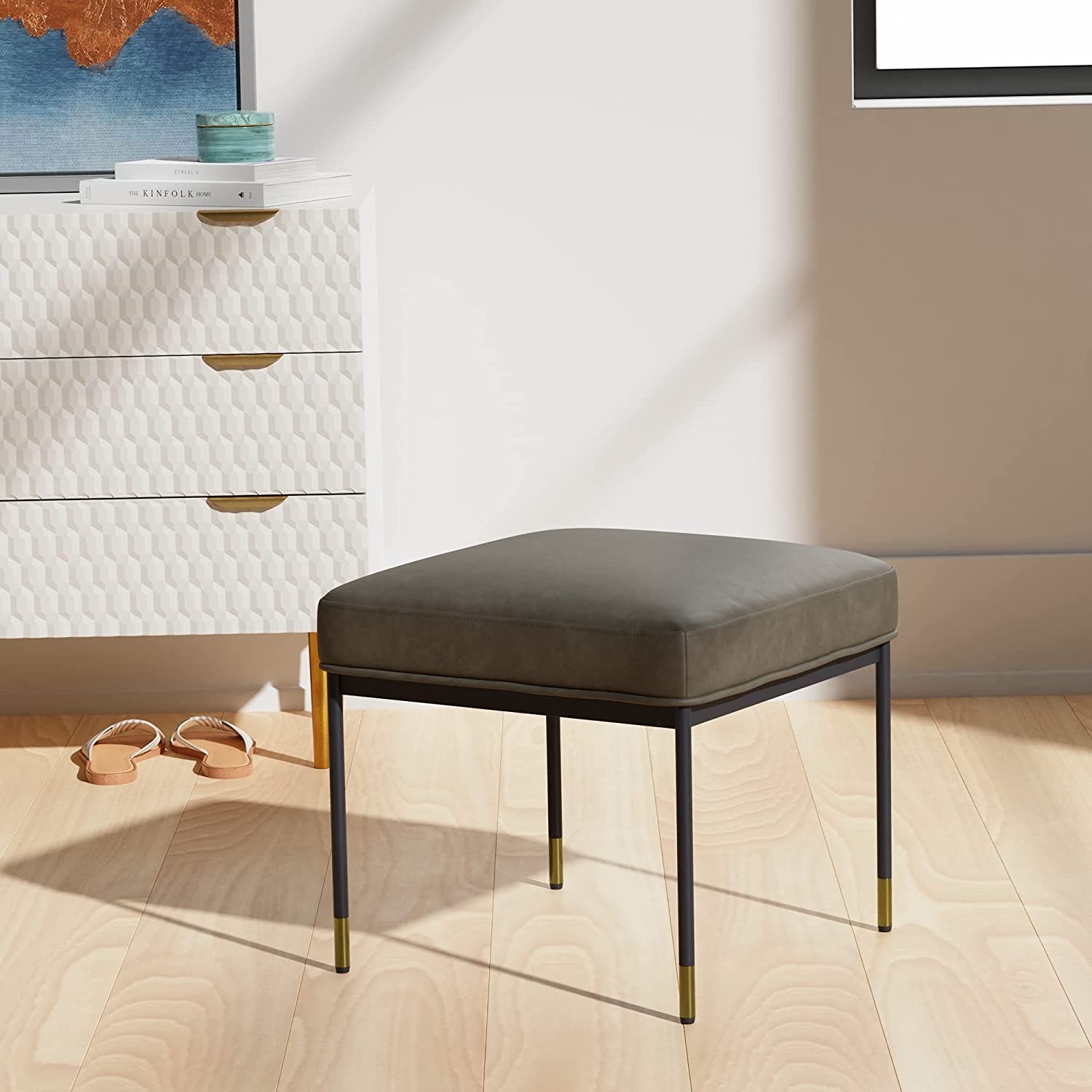 Studded Modern Leather Ottoman with Metal Legs, 16.9" Tall, Grey